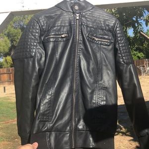 Mens X Ray Leather Jacket Bomber/Hooded Detachable Zipper Hood Medium